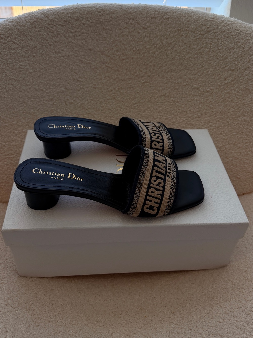 Dior Dway Heeled Slide, Deep blue embroidered cotton